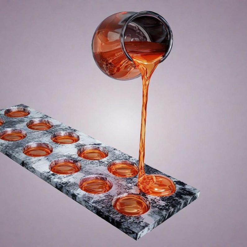Ein Glas mit rotem Flüssigkeit wird auf eine schwarze, marmorisierte Oberfläche gegossen.