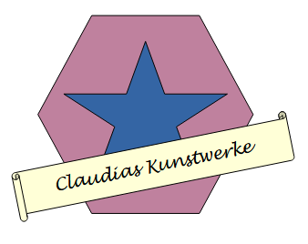 Blauer Stern auf Lilanem Hexagon, davor ein Banner "Claudias Kunstwerke"