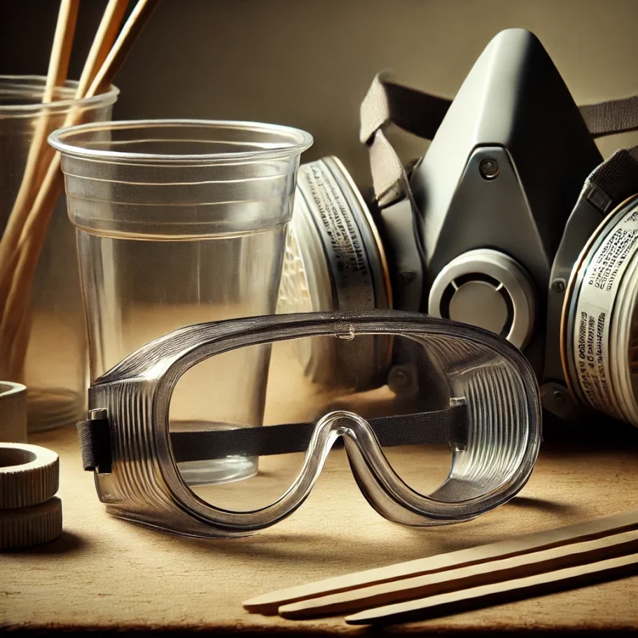 Schutzbrille und Atemschutzmaske neben Kunststoffbechern und Holzstäbchen auf einem Tisch.